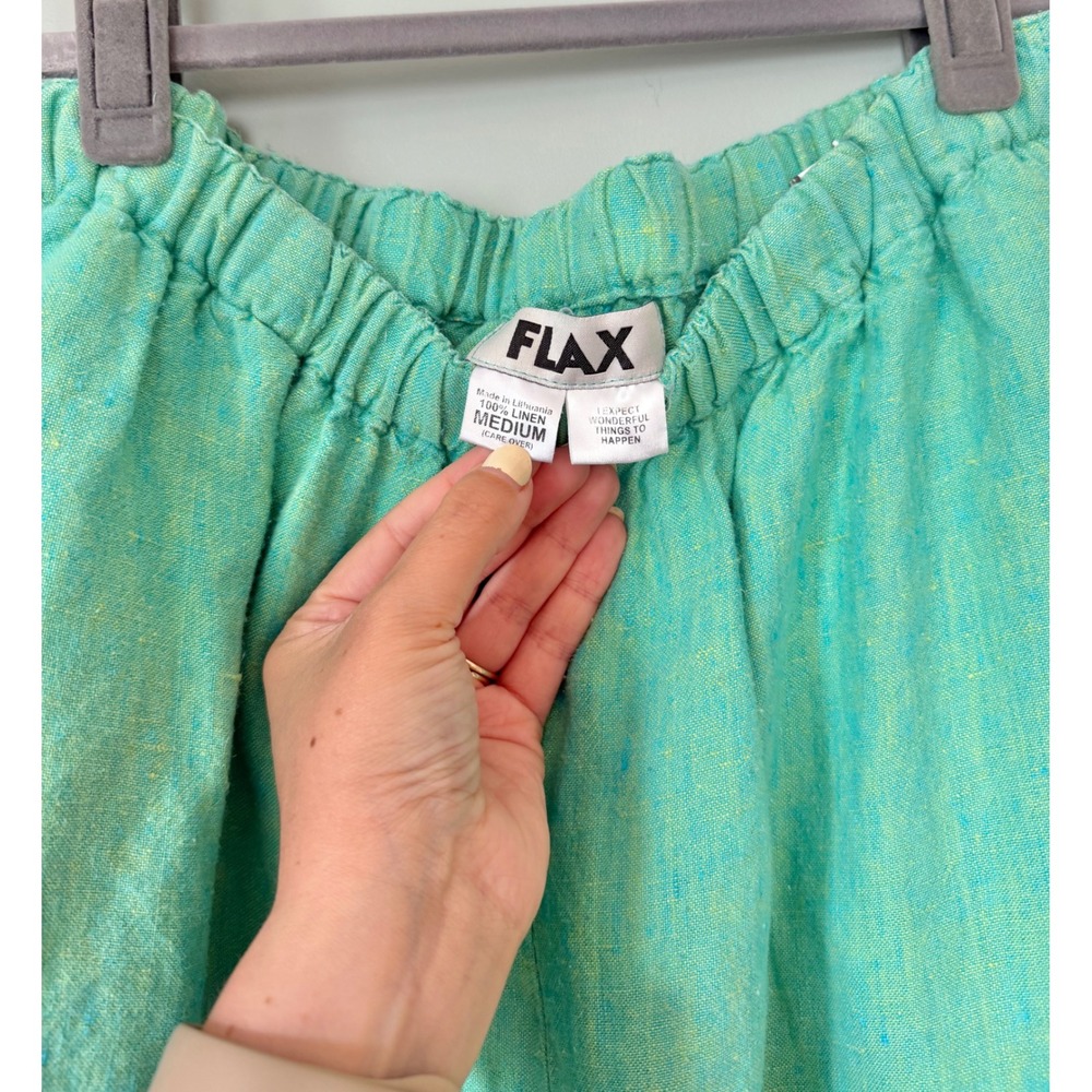 Flax Linen Pants Pull On Relaxed Wide Leg Cropped Green Yellow Medium Fits 10-14 - Picture 3 of 7